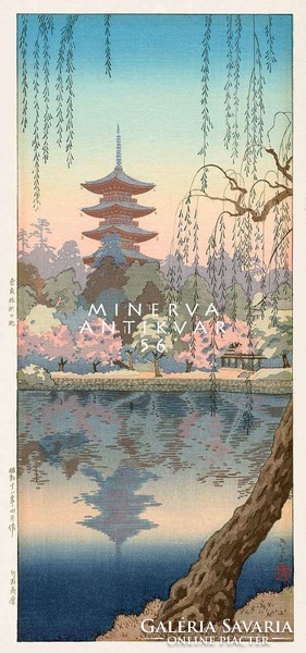 Régi japán fametszet tópart cseresznyefa virágzás pagoda tavasz fűzfa Kitűnő minőségű reprint nyomat
