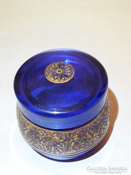 Antique moser cobalt blue cobalt blue gilded glass jar with lid marked original