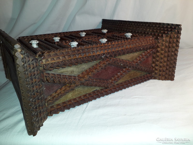 Antique tramp art 7-drawer hand-carved wooden spice cabinet from the early 1900s