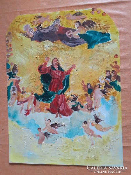 Mennyországi jelenet angyalokkal (olajfestmény, 30x40 cm) Biblia, vallási, egyházi, mitológia
