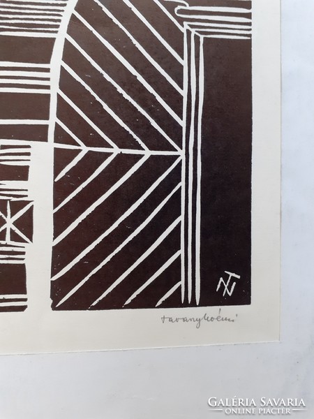 TAVASZY NOÉMI: Lőcsei kapuk (linó) 1975, kollázs-szerű geometrikus, feketefehér, Szlovákia, Felvidék