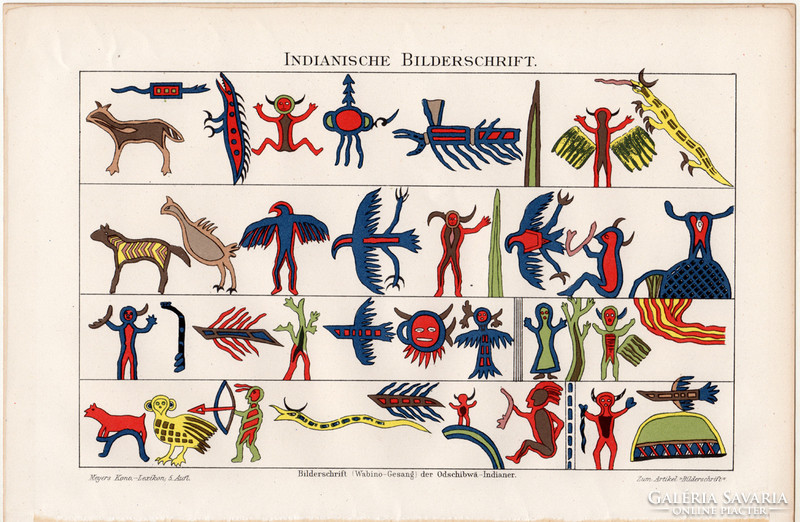 Indián képírás, színes nyomat 1895, német nyelvű, eredeti, litográfia, írás, lexikon melléklet, régi