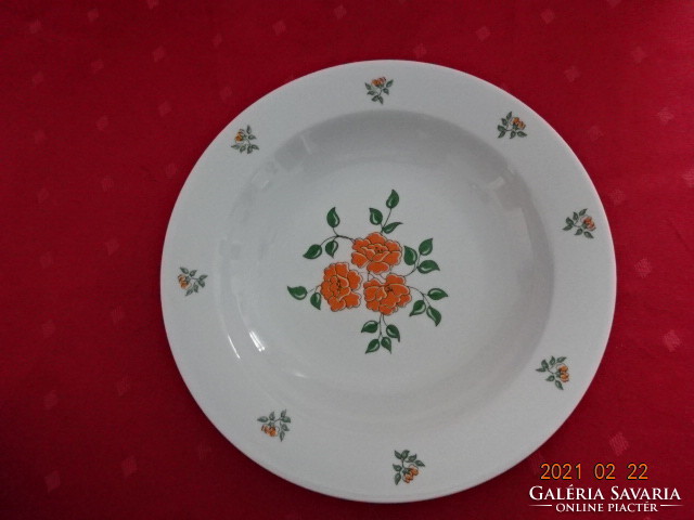 Zsolnay porcelán, antik, narancssárga virágos mélytányér, átmérője 23,5 cm. Vanneki!