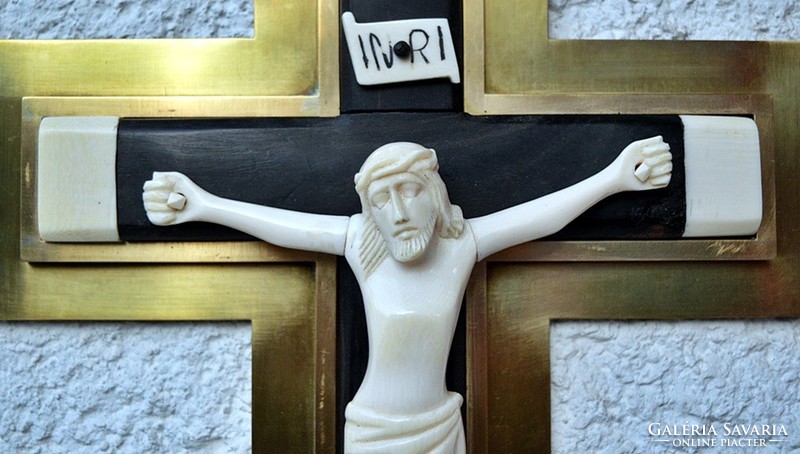40. Antik, CSONT Jézus Krisztus (19cm), 40cm feszület réz keretben, impozáns, kereszt, korpusz