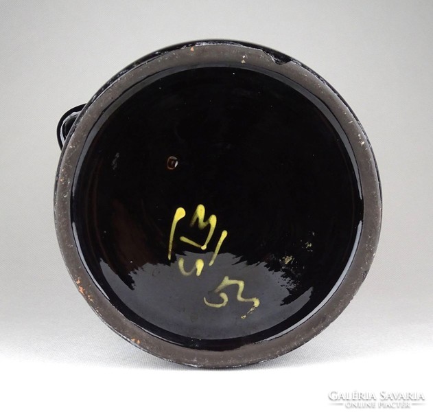 1D394 Jelzett fekete mázas vásárhelyi kerámia füles fazék 21 cm
