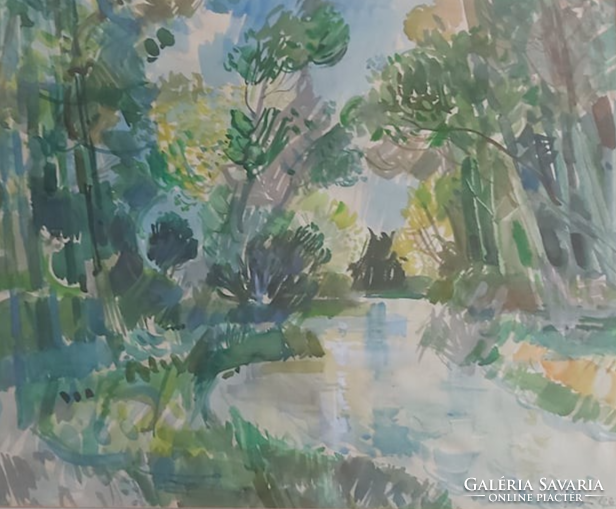 GULYÁS DÉNES: Erdei folyó (csodaszép akvarell, 61x71 cm kerettel) 1982, természet, fák, víz, tájkép