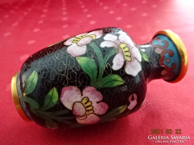 Fire enamel vase with pink flowers on a black background, height 8 cm. He has!