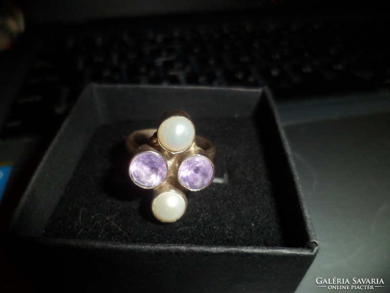 Silver ring / amethyst, pearl