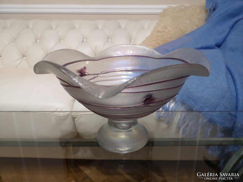 Art Nouveau bowl, iridescent, opal glass pedestal serving tray, von poschinger, 
