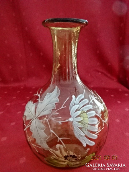 Hand-painted, floral patterned greenish glass decanter, height 17.5 cm. He has! Jókai.