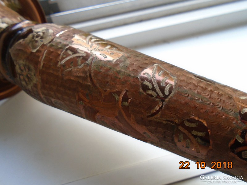 Antique oriental handicraft, high flower pattern, silver and copper inlay, chiseled copper vase 30 cm