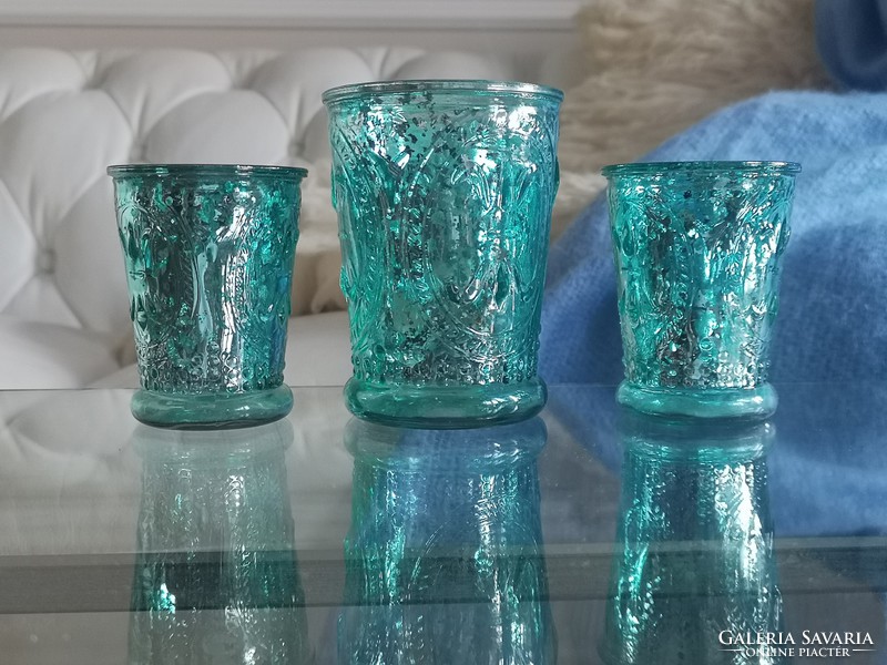 Turquoise, fringed glass candle holders, glasses 10 cm