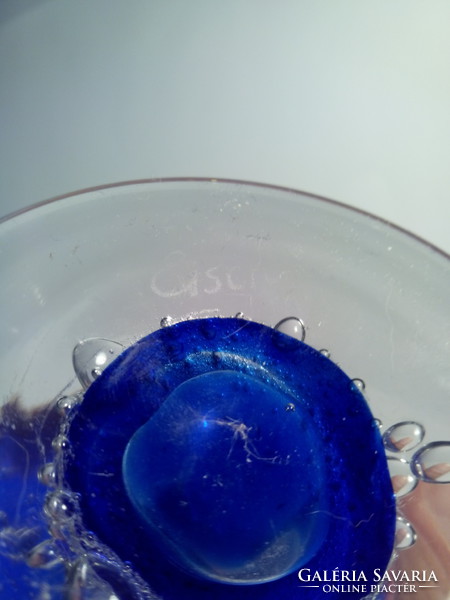 EISCH jelzett buborékos kék üveg vastag falú szál váza