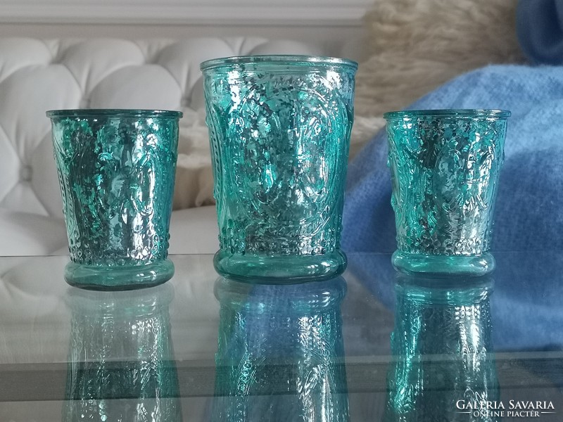 Türkiz, foncsoros üveg mécses tartók, poharak 10 cm