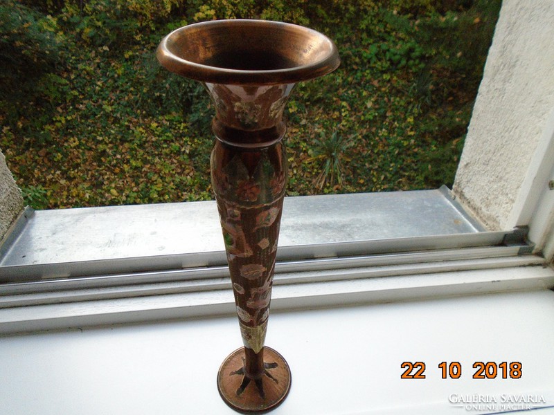 Antik Keleti  kézműves,magas virágmintás ,ezüst és réz berakásos,cizellált réz váza 30 cm