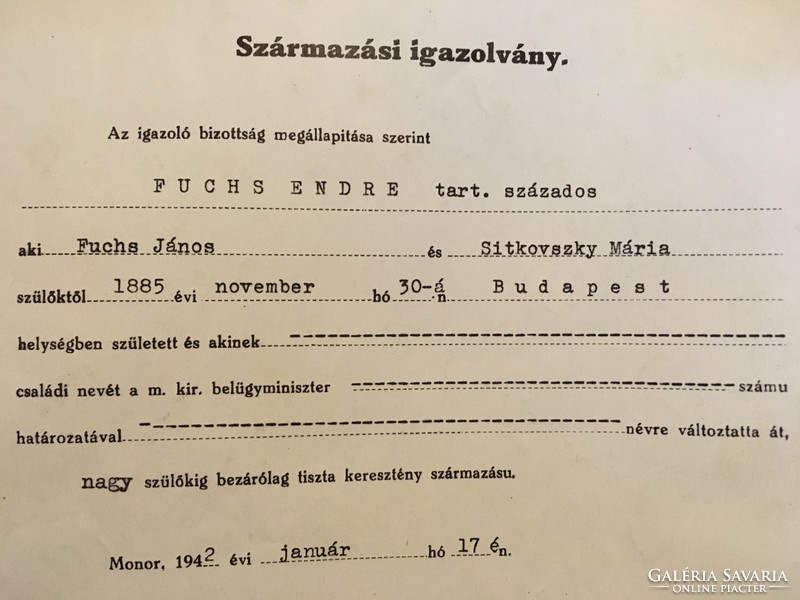 Származási Igazolvány/Fuchs Endre tart.százados. Monor 1942,jan,17