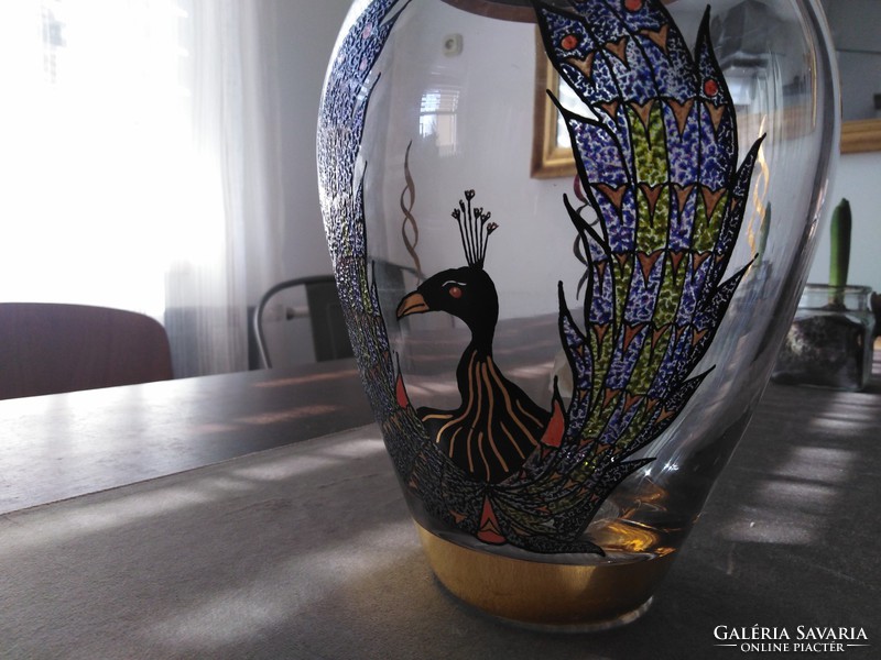 Hollow glass vase with peacock with gold decor