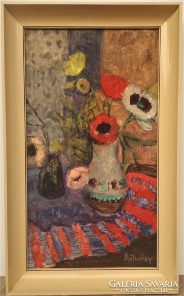 Szilvásy Margit (1898 - 1977) Virágcsendélet c Képcsarnokos festmény EREDETI GARANCIÁVAL !