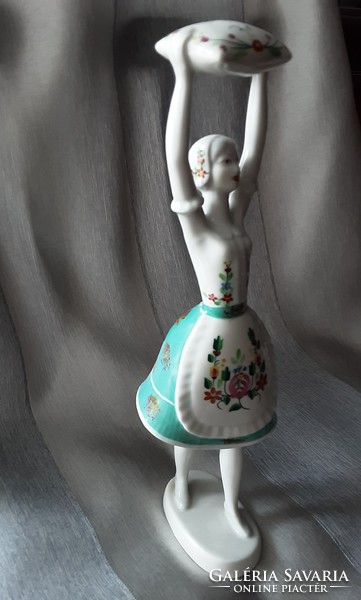 Hollóházi porcelán figura, népviseletbe öltözött leány, eredeti, jelzett, hibátlan, vitrin minőség