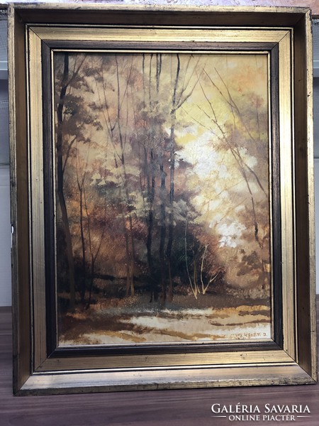 Jenő Keleti Jr. - autumn forest painting in a golden frame