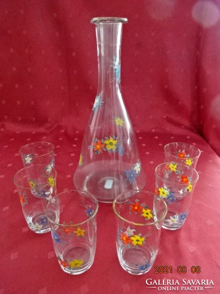 Hand - painted colorful floral wine bottle - decanter - with six glasses. 26 Cm high bath! Jókai.