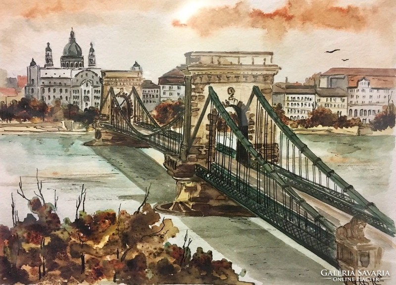 Fekete Judit: Budapesti látkép, akvarell