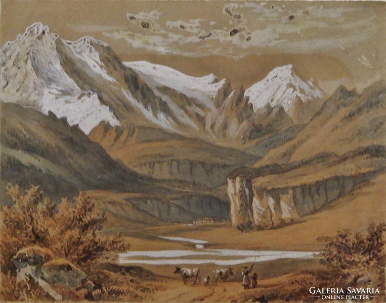 Osztrák festő: Alpesi táj tehénpásztorral , Akvarell festmény