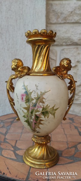 Antik luxus aranyozott figurális angyalkàs fém szerelékes porcelán díszvàza. Jelzett belül!