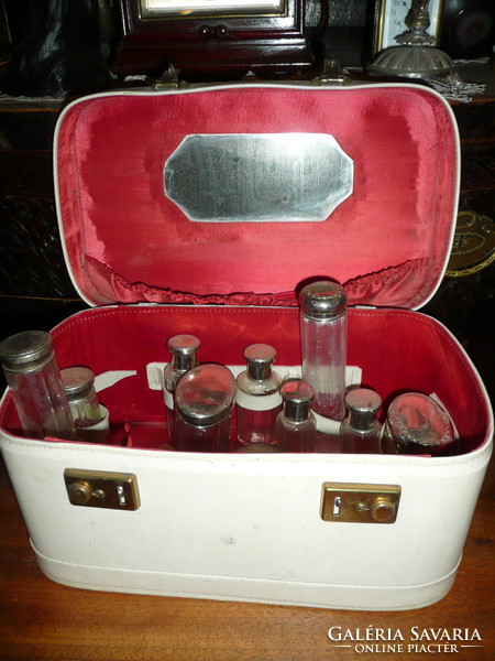 Antique Women's Mirrored Toiletry Bag / Chest Filled with Original Metal Top Glass Bottles and Jars