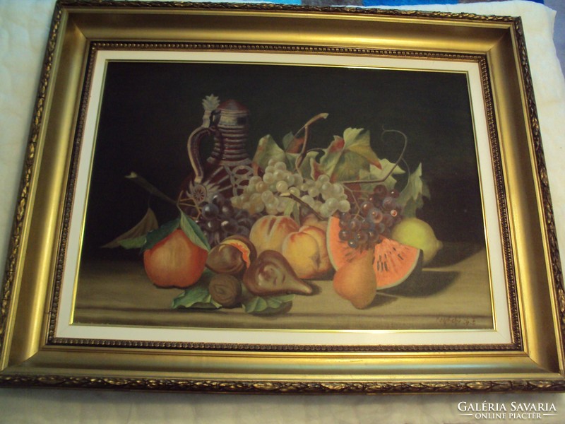 Fruity still life --- imposing, decorative, canvas oil painting --- Keszthely sz.F. Marked with a signature.