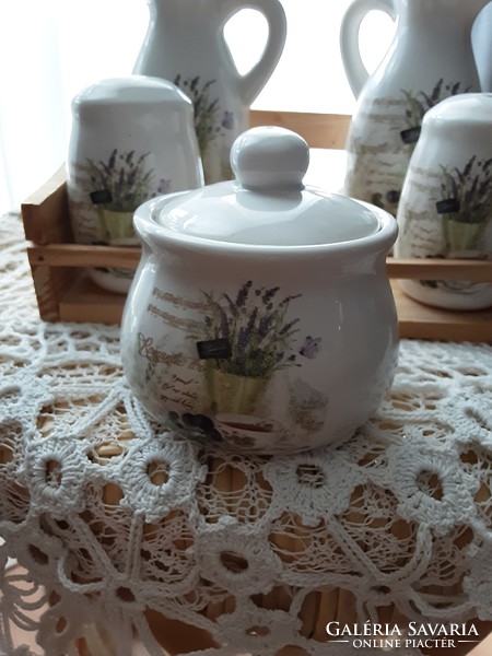Beautiful lavender pattern 5 piece ceramic table menage set with wooden holder