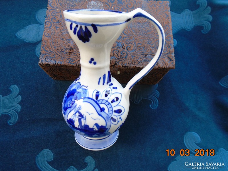 Classic cobalt blue white delft hand painted decorative pitcher with windmill and flower pattern
