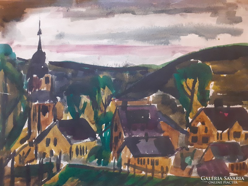 Falucska templommal, Schellenberg-község, akvarell kartonon, jelzés nélkül