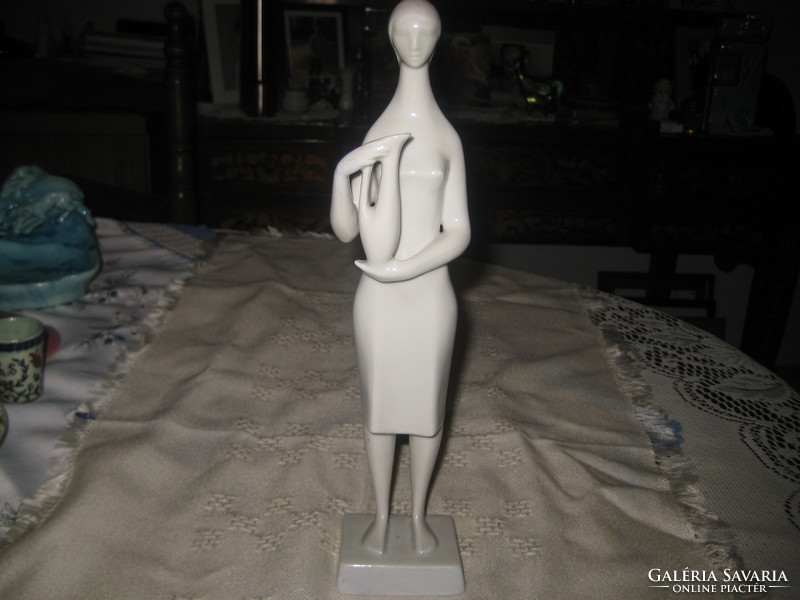 Designed by János Török: woman with pitcher, Zsolnay figure, 28 cm shield seal