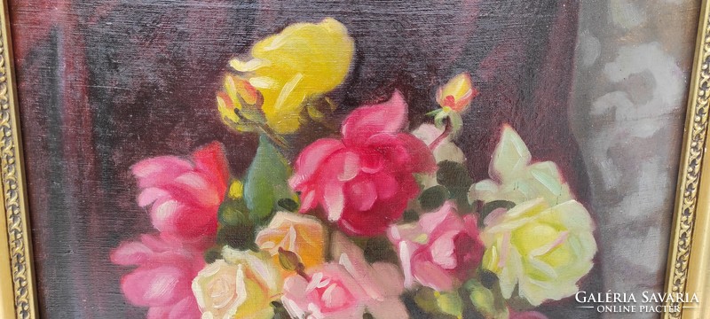 Rózsàs  asztali virág csendélet, szép arany keretben! Letisztított, régi vàszon festmény. Leáraztam
