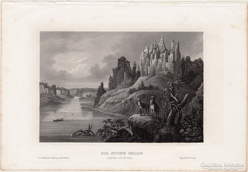 Stone Walls, Missouri, acélmetszet 1860, Meyers Universum, eredeti, 10 x 15, Amerika, észak, felső