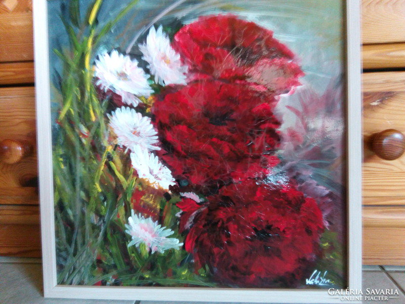 Virágcsendélet festmény keretben. 40 x 40 cm