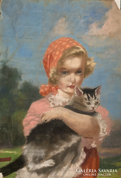 Abonyi Ernő: Kislány cicával (pasztell)