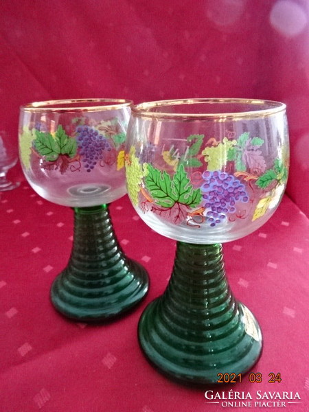 Glass wine glass with green pattern - bunch of grapes, green base, height 15.5 cm. He has!
