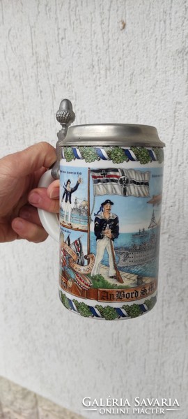 German porcelain pitcher cup Krigli tin cap, militaria theme, submarine, military zeppelin airship