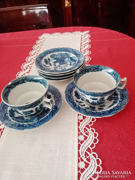 Kék fehér kobaltkék angol porcelán teás kávés csésze, csészealj , cukortartó  Willow - fűzike  10 db
