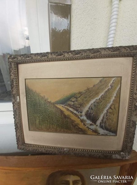 HEGYVIDÉKI TÁJ (festménypár, olaj-papír 18x29 33x40) tájkép, panoráma hegyek fenyők folyó