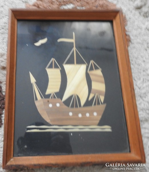 Wood - reed marquetry picture _ sailing ship