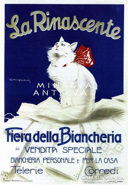 Vintage retro olasz divatáruház reklám plakát reprint nyomat fehér perzsa cica macska piros masni