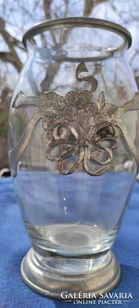 Beautiful ornate glass, crystal, marked tin base glass vase with flower pattern! Gift idea!