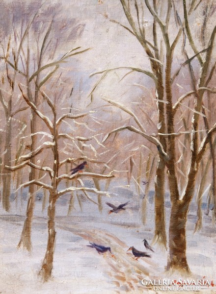 Lajos Bajnai tóth (1887-1964): winter forest with birds - oil on canvas, framed