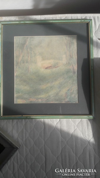 ERDEI TÁJKÉP SEURAT MODORÁBAN (akvarell, 31,5x29,5 cm,) "Vígh-Demiszova 1985"  természet, fák