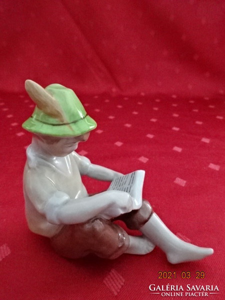 Drasche porcelán figurális szobor, olvasó kisfiú, kézi festés, magassága 9 cm. Vanneki!Jókai