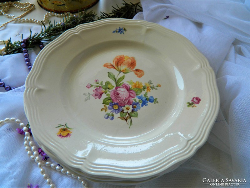 Krémszínű fajansz virágos tányér 4 db, west Germany