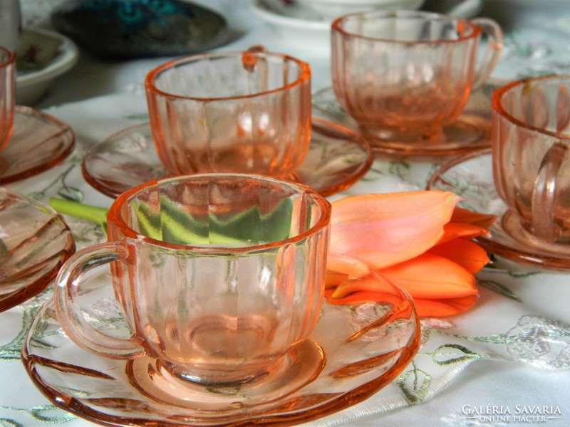 Beautiful peach colored glass mocha set of 6 cups with small plates